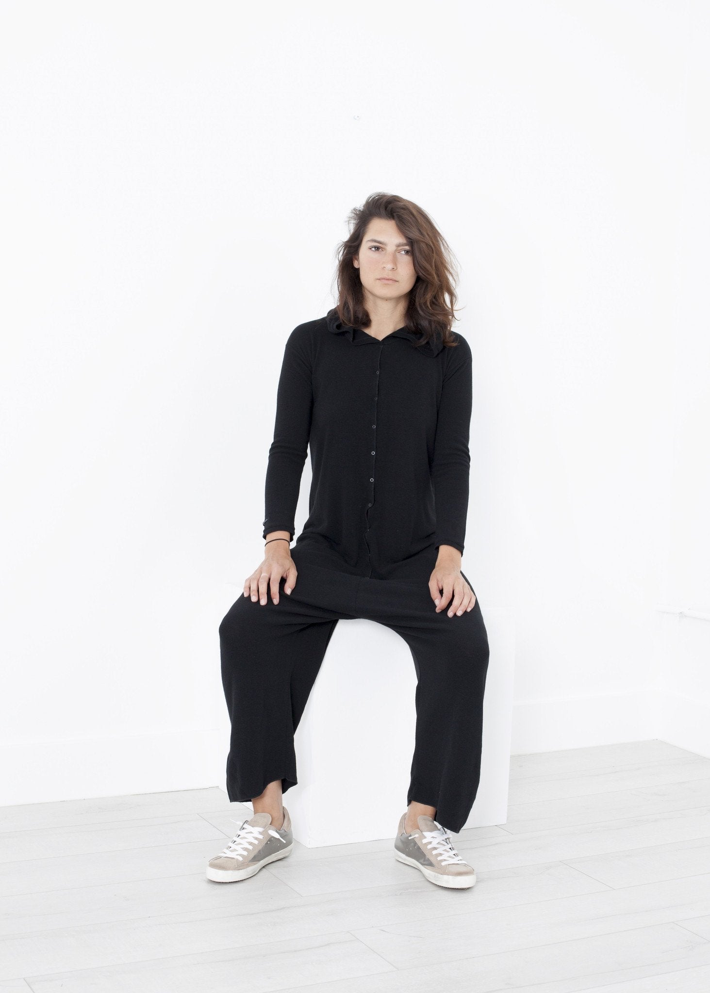 Knit Hooded Jumpsuit in Black - raj
