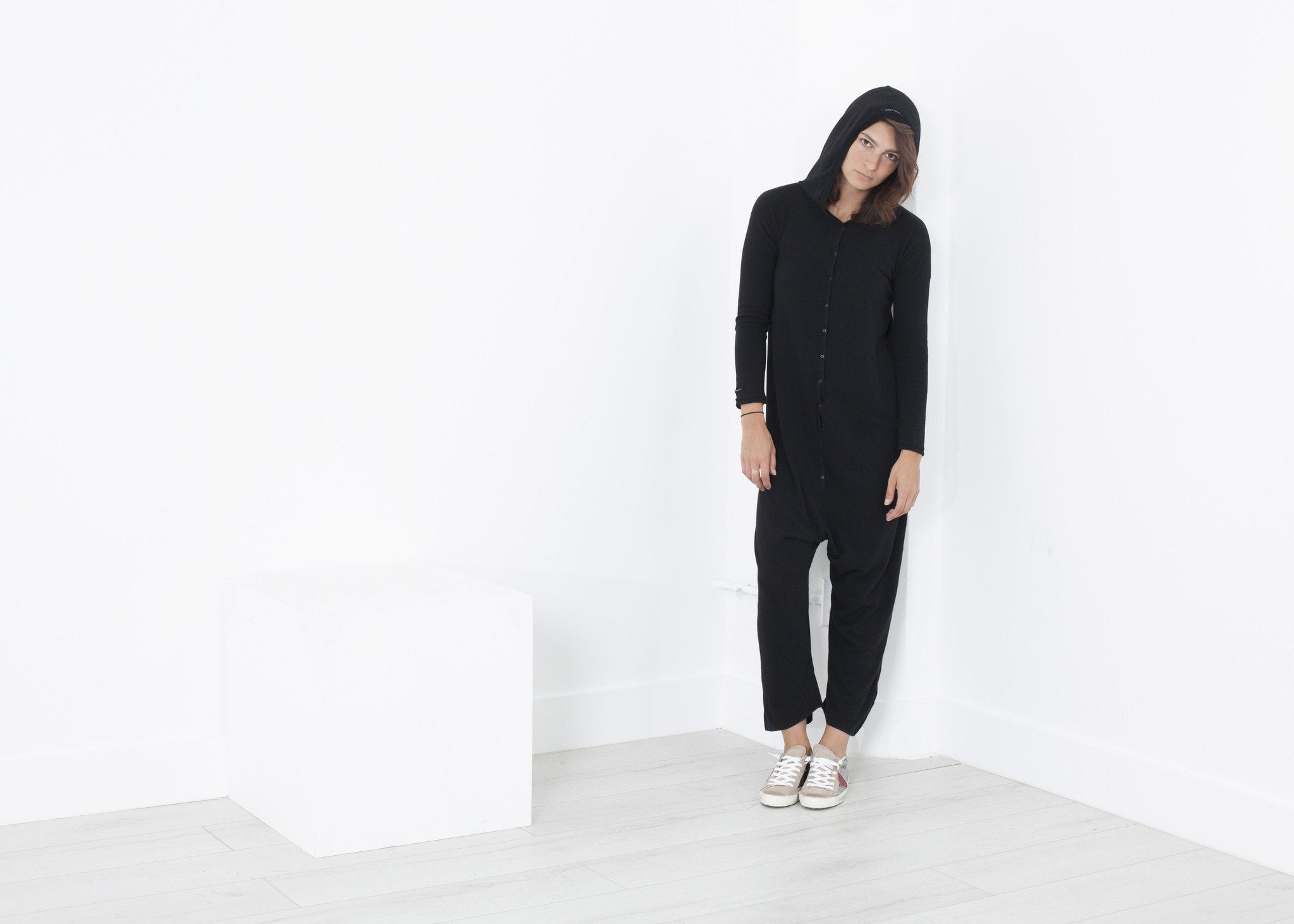 Knit Hooded Jumpsuit in Black - raj