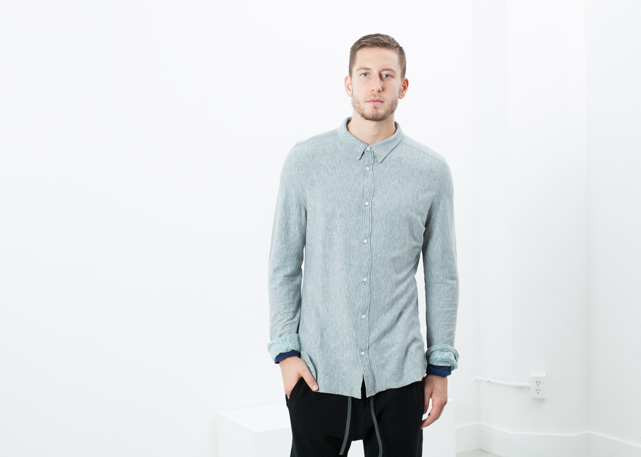 Kasuri Jersey Button-Up in Blue Grey - raj