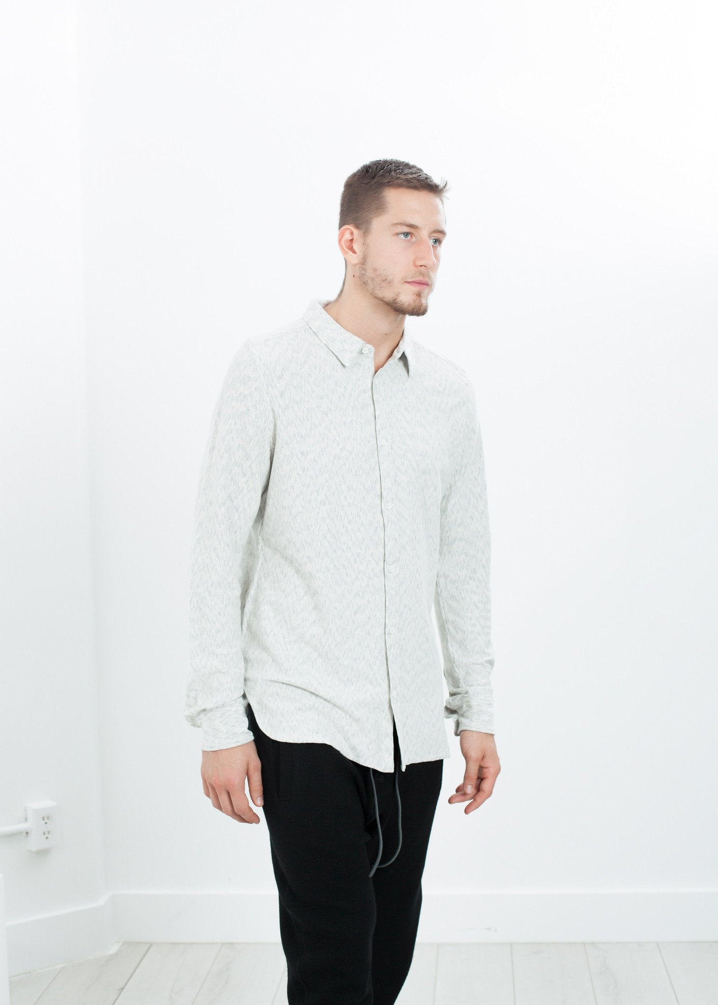 Kasuri Jersey Button-Up in Ivory/Black right Kasuri Jersey Button-Up in Ivory/Black