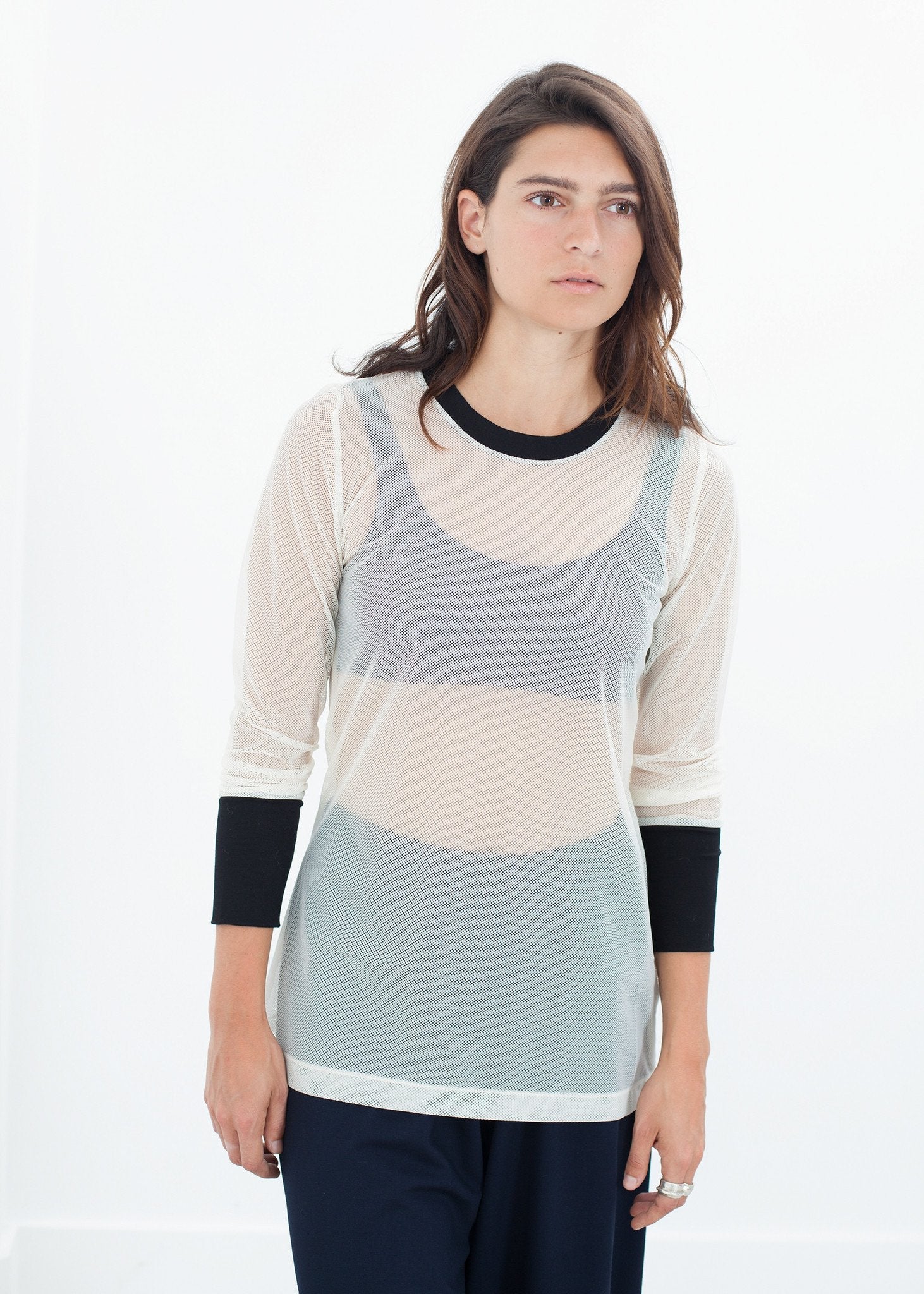 Cuffed Mesh Tee in Cream/Black right Cuffed Mesh Tee in Cream/Black