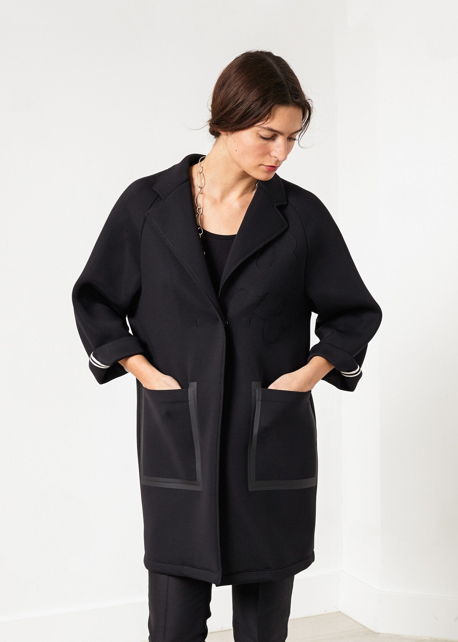 Neoprene Flower Coat in Black -nadeem