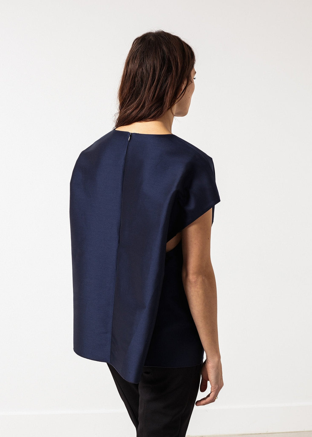 Tucked Sleeve Blouse in Navy -nadeem