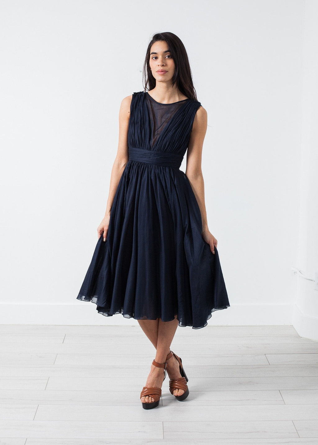 Voile V-Neck Dress in Navy -nadeem
