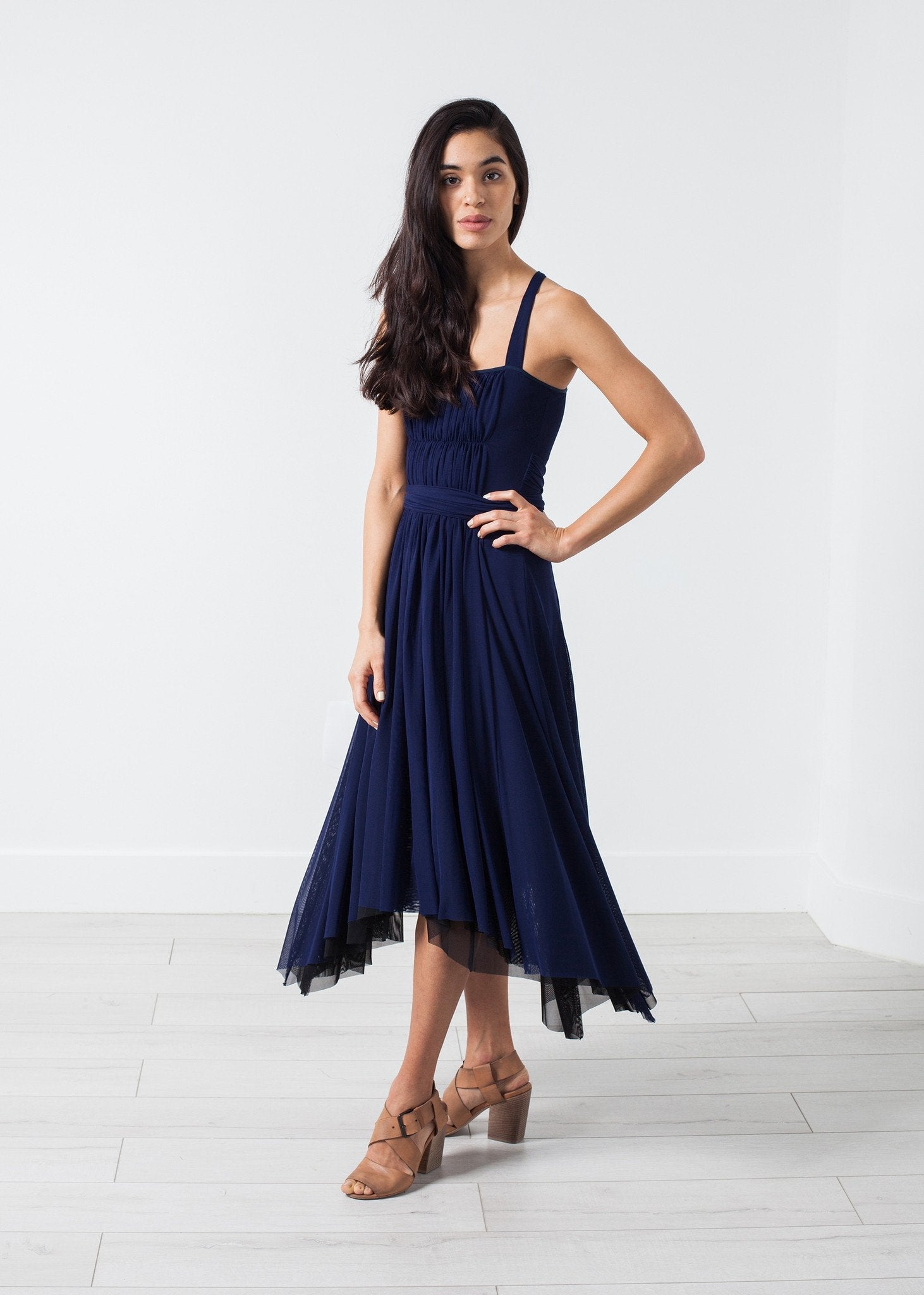Ruched Party Dress in Navy -nadeem