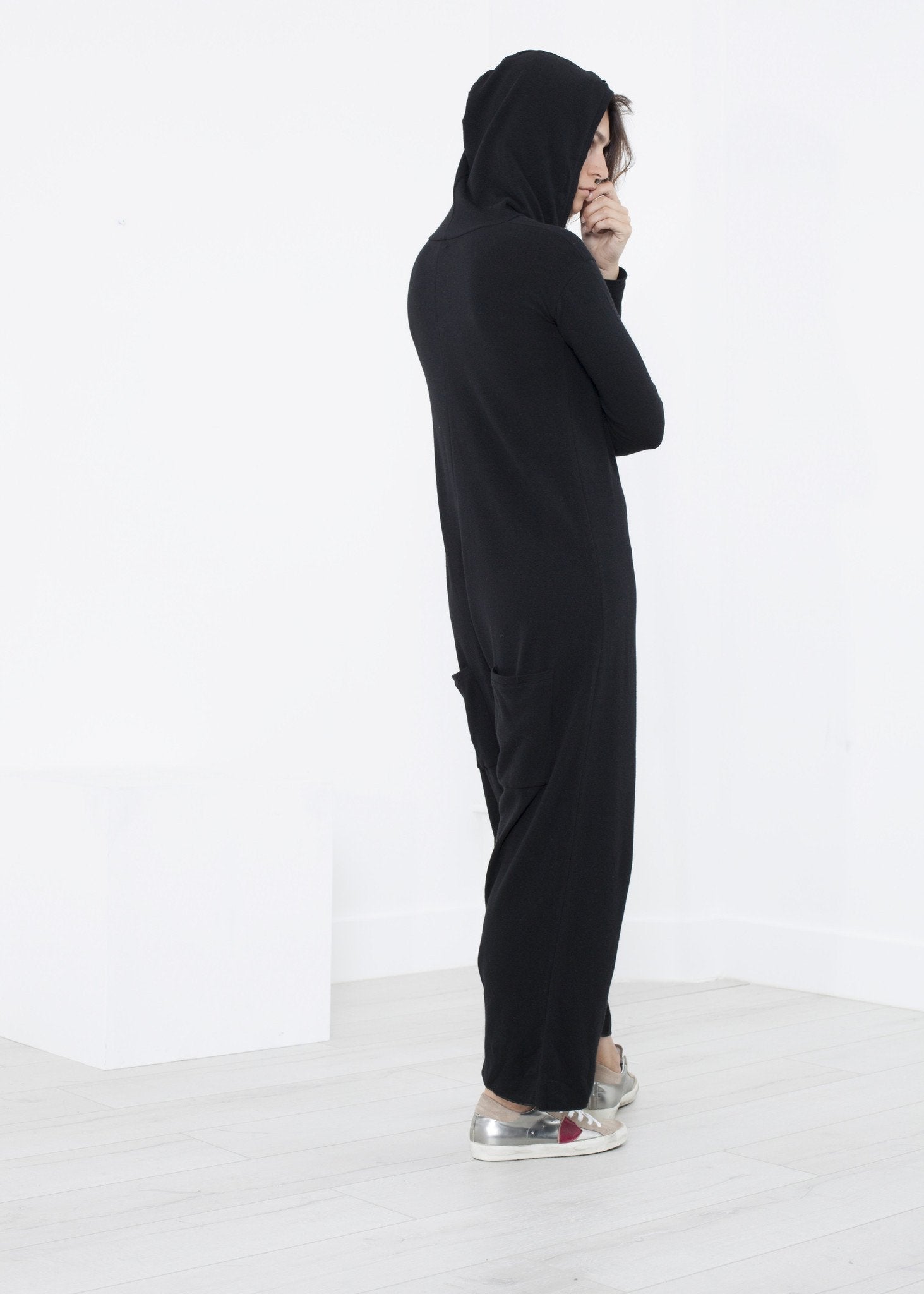 Knit Hooded Jumpsuit in Black right Knit Hooded Jumpsuit in Black