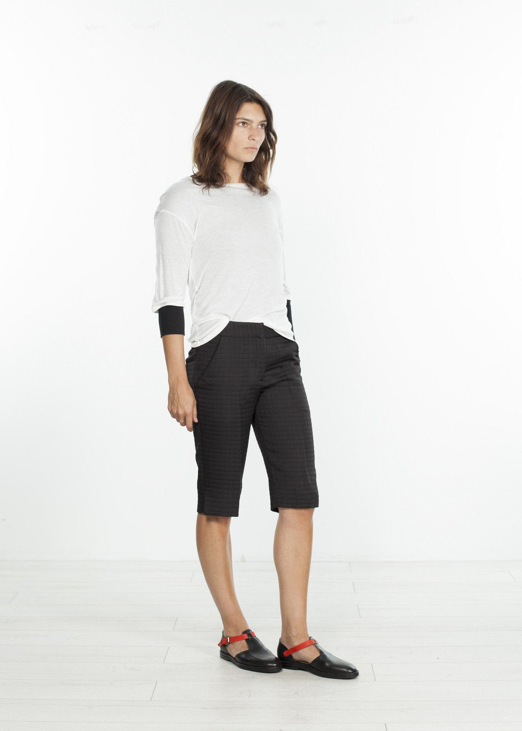 Square Stitch Knee Short in Black -nadeem