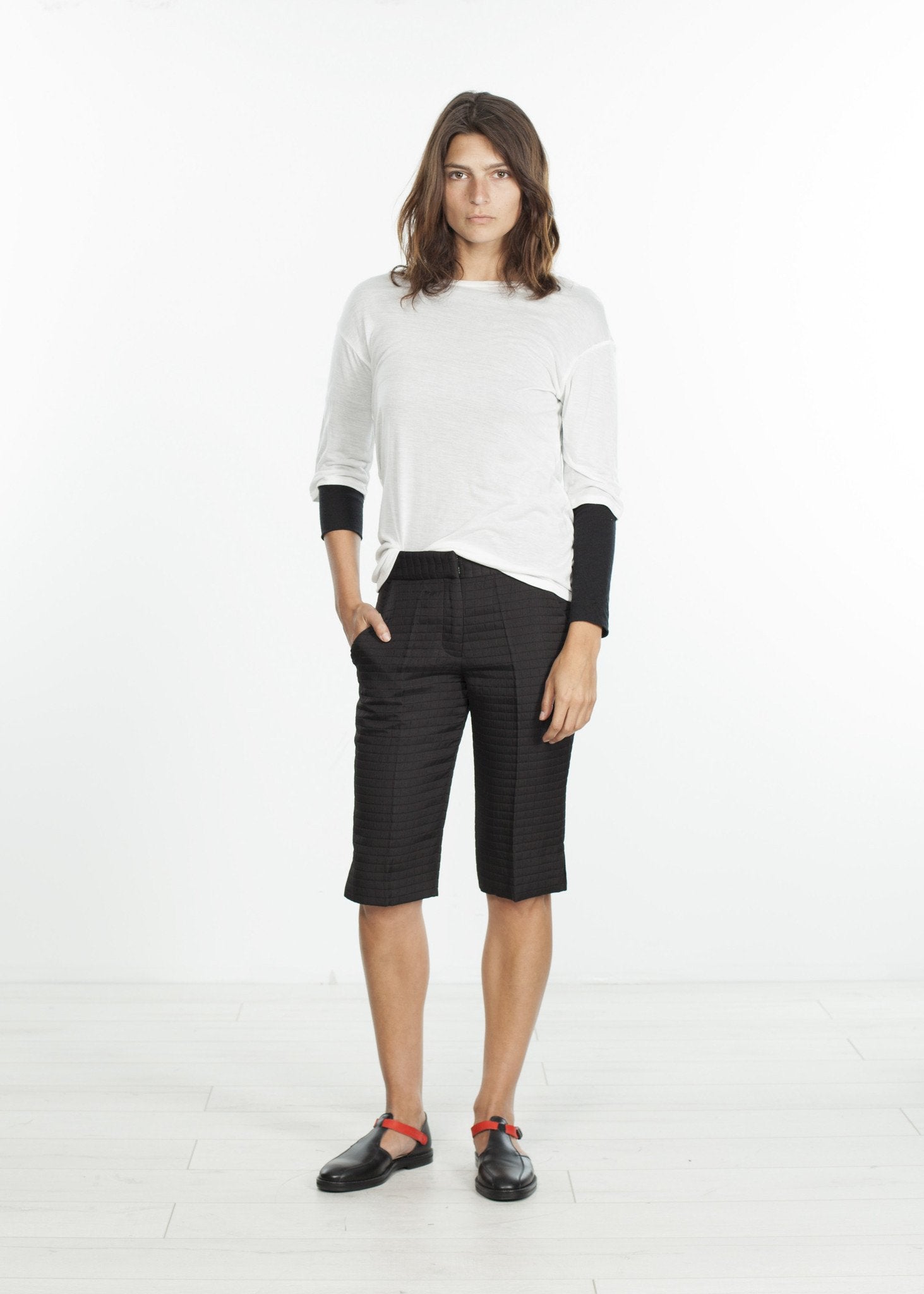 Square Stitch Knee Short in Black - raj