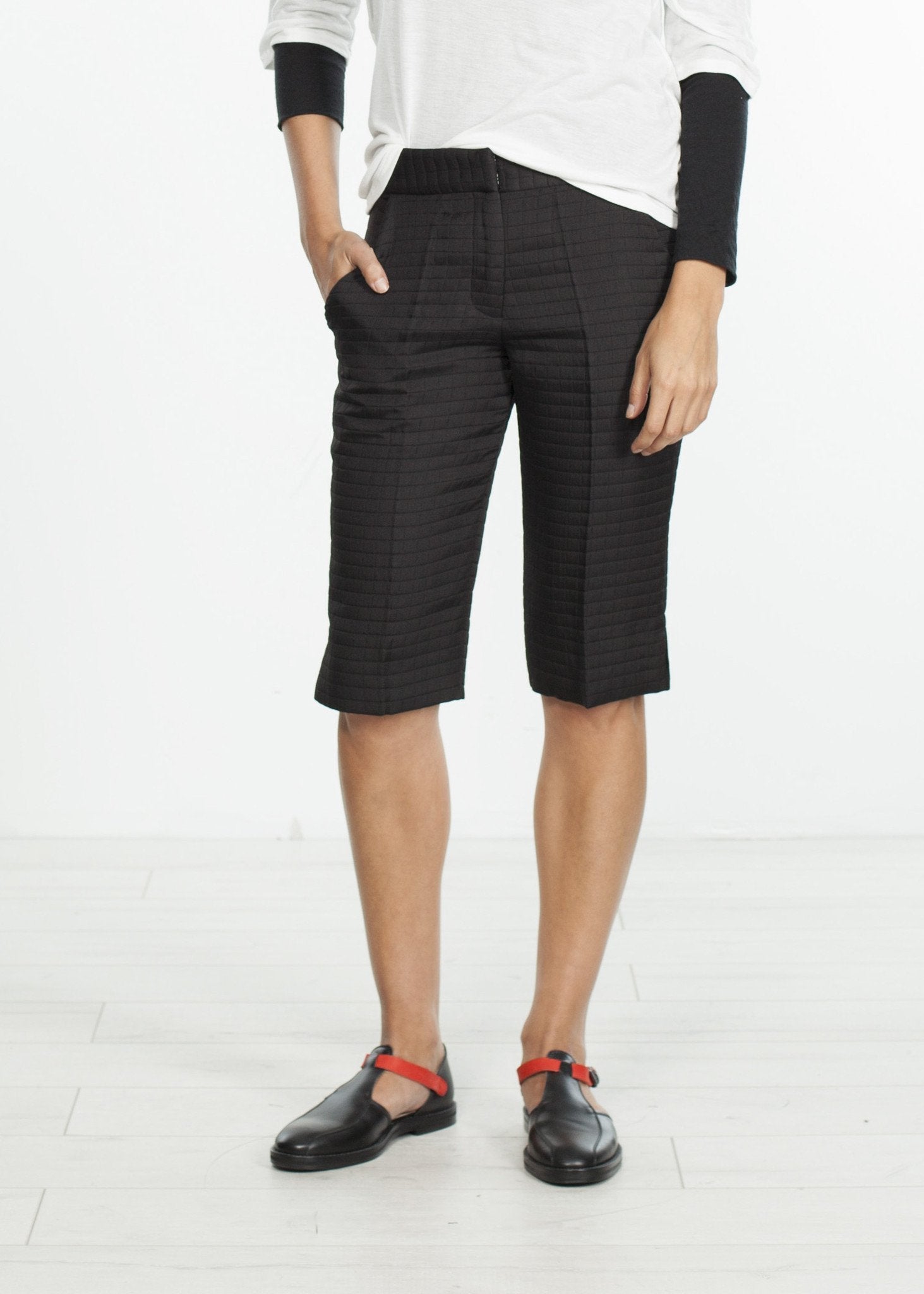 Square Stitch Knee Short in Black - raj