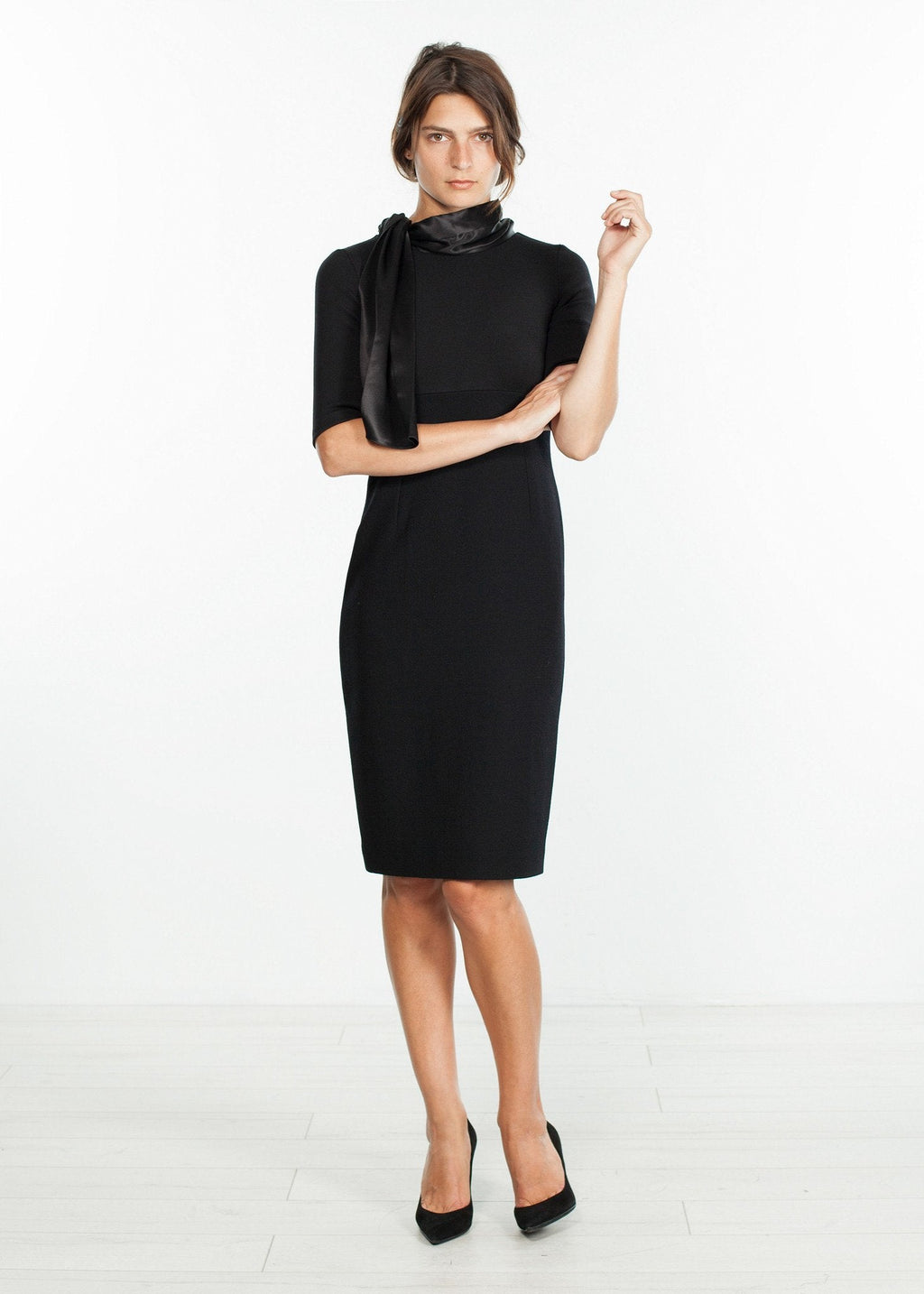 Tie Neck Wool Dress in Black -nadeem
