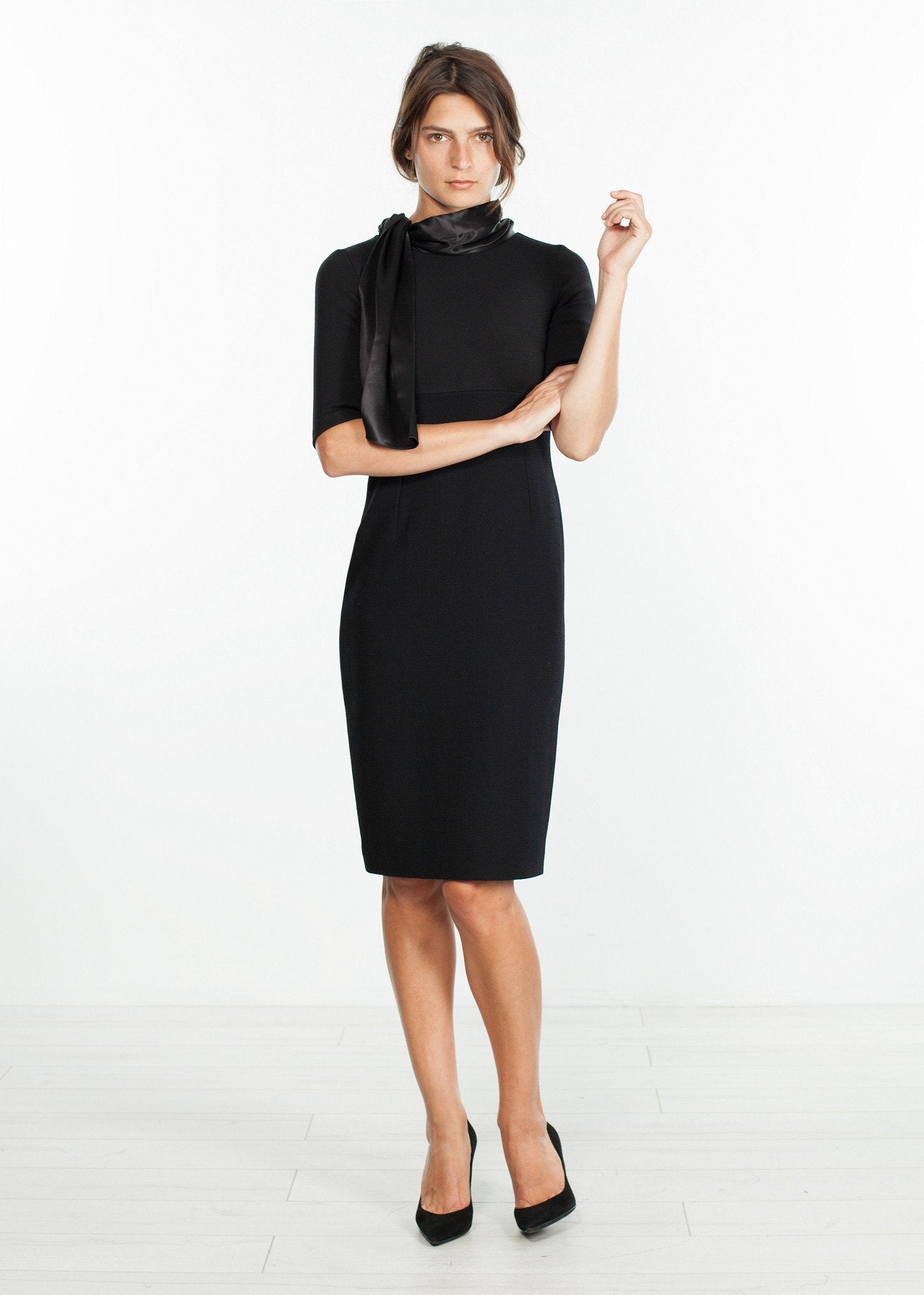 Tie Neck Wool Dress in Black -nadeem