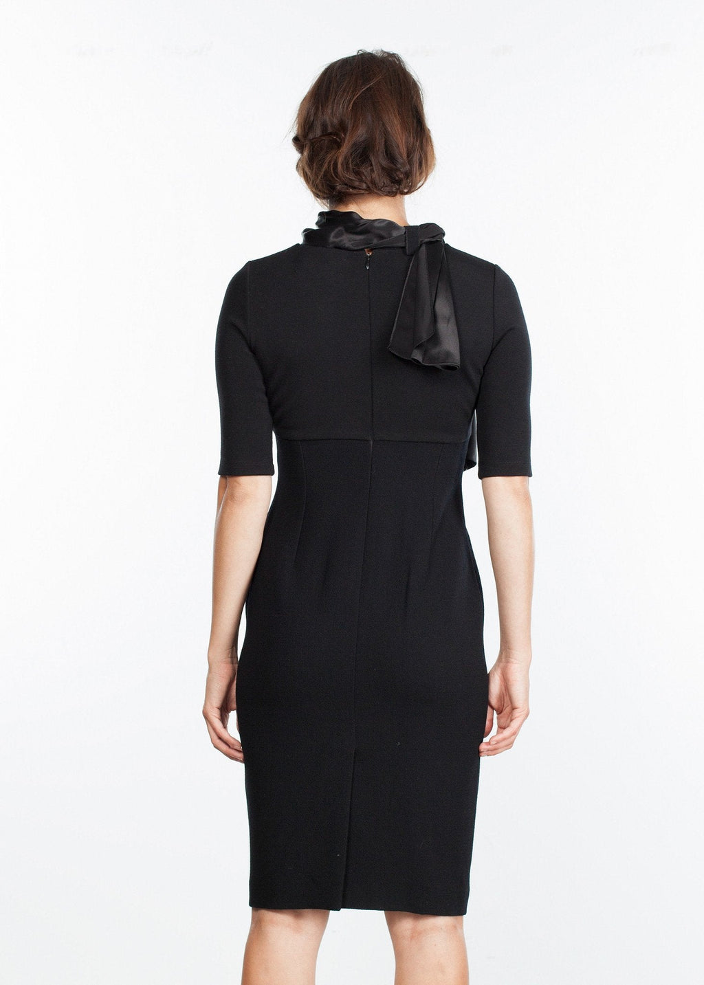 Tie Neck Wool Dress in Black - raj
