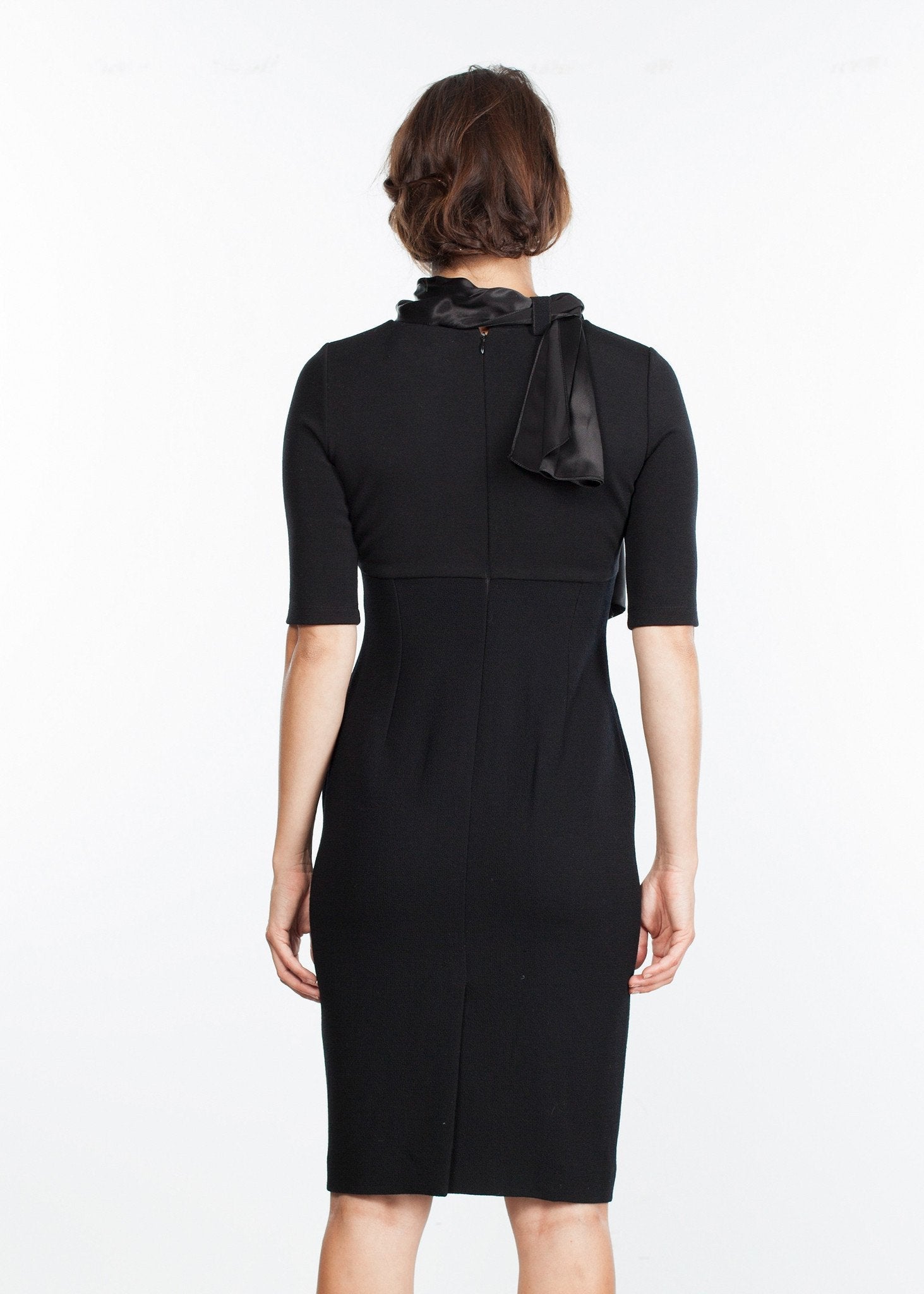 Tie Neck Wool Dress in Black - raj