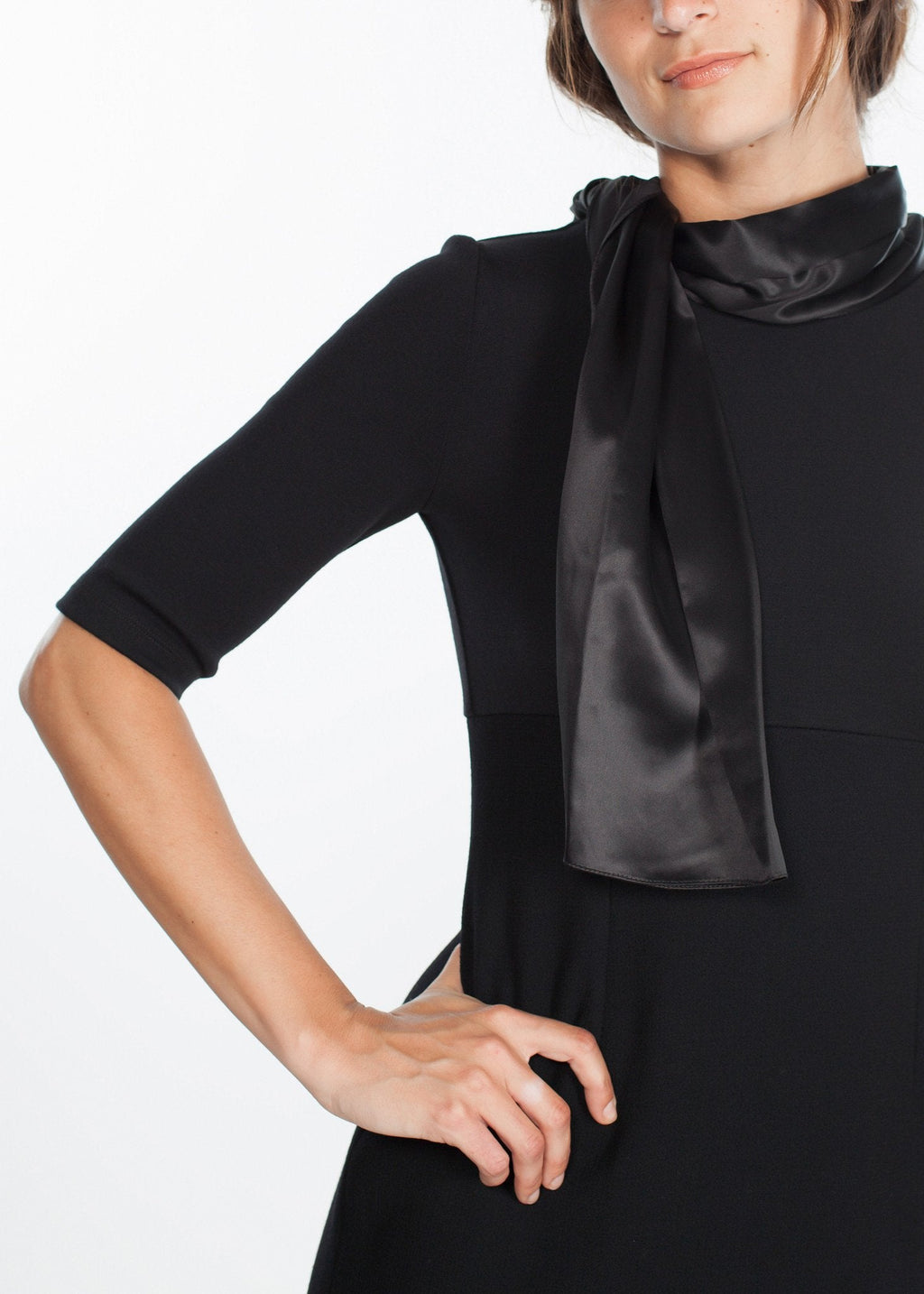 Tie Neck Wool Dress in Black - raj