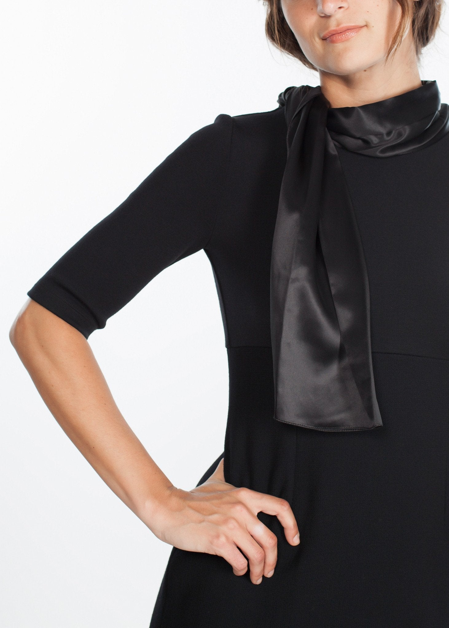 Tie Neck Wool Dress in Black - raj