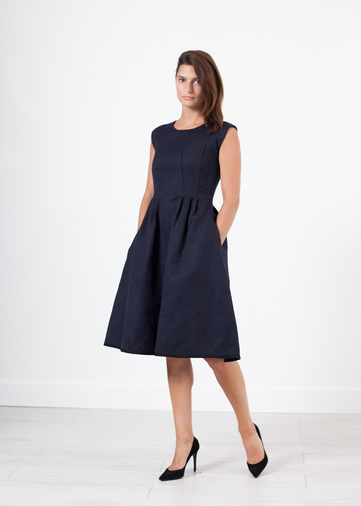 Pleated Rita Dress in Dark Navy -nadeem