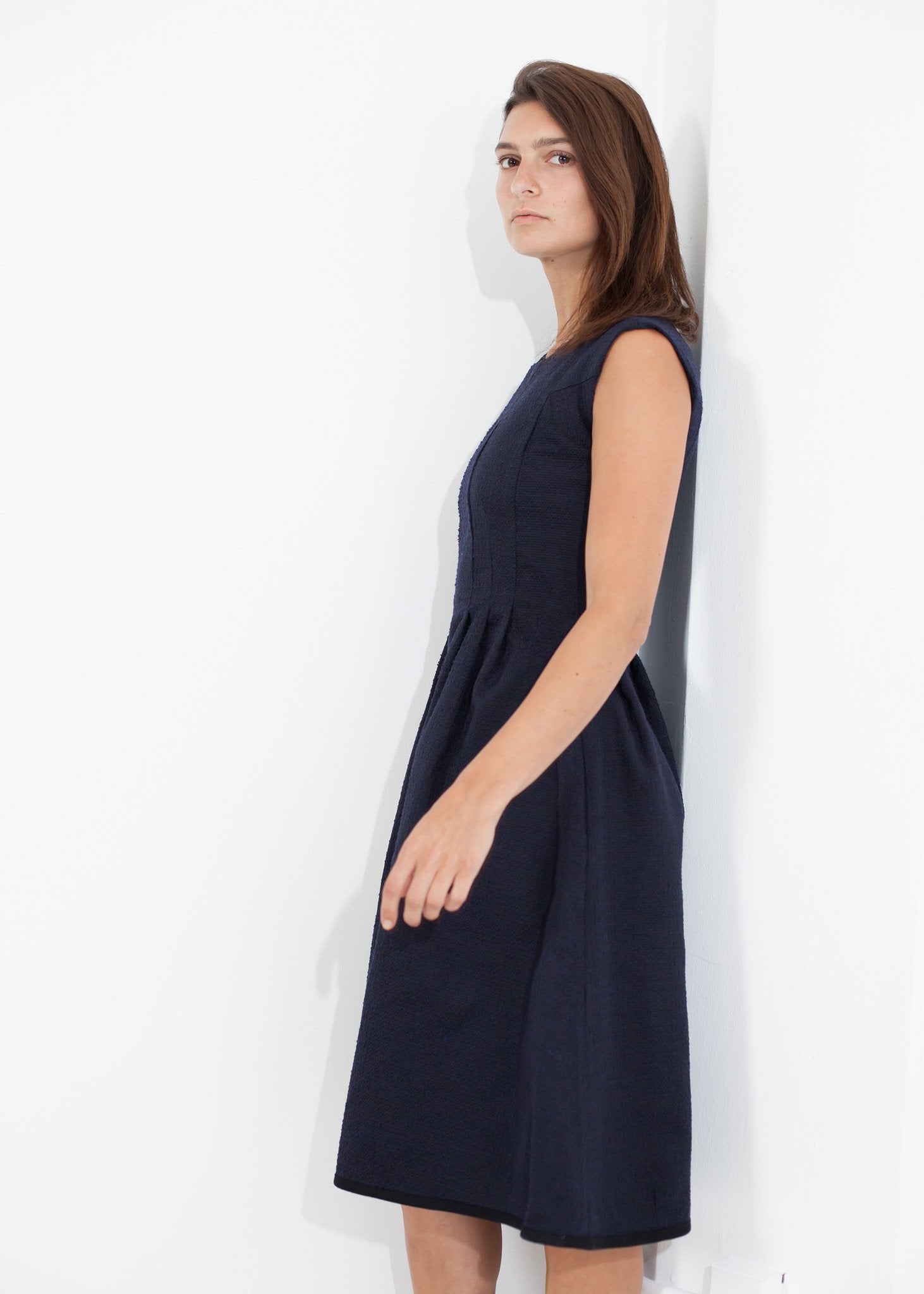 Pleated Rita Dress in Dark Navy - raj