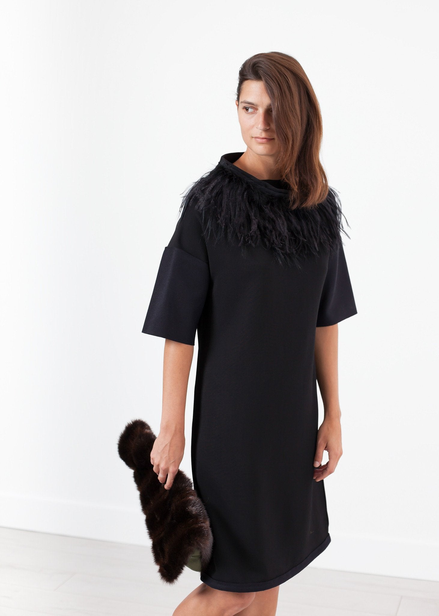Ostrich Plume Dress in Black -nadeem
