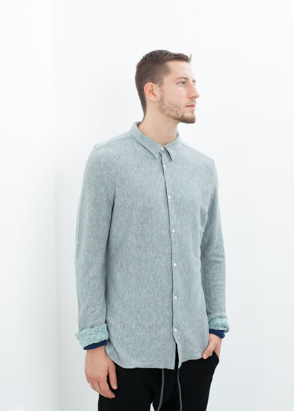 Kasuri Jersey Button-Up in Blue Grey - raj