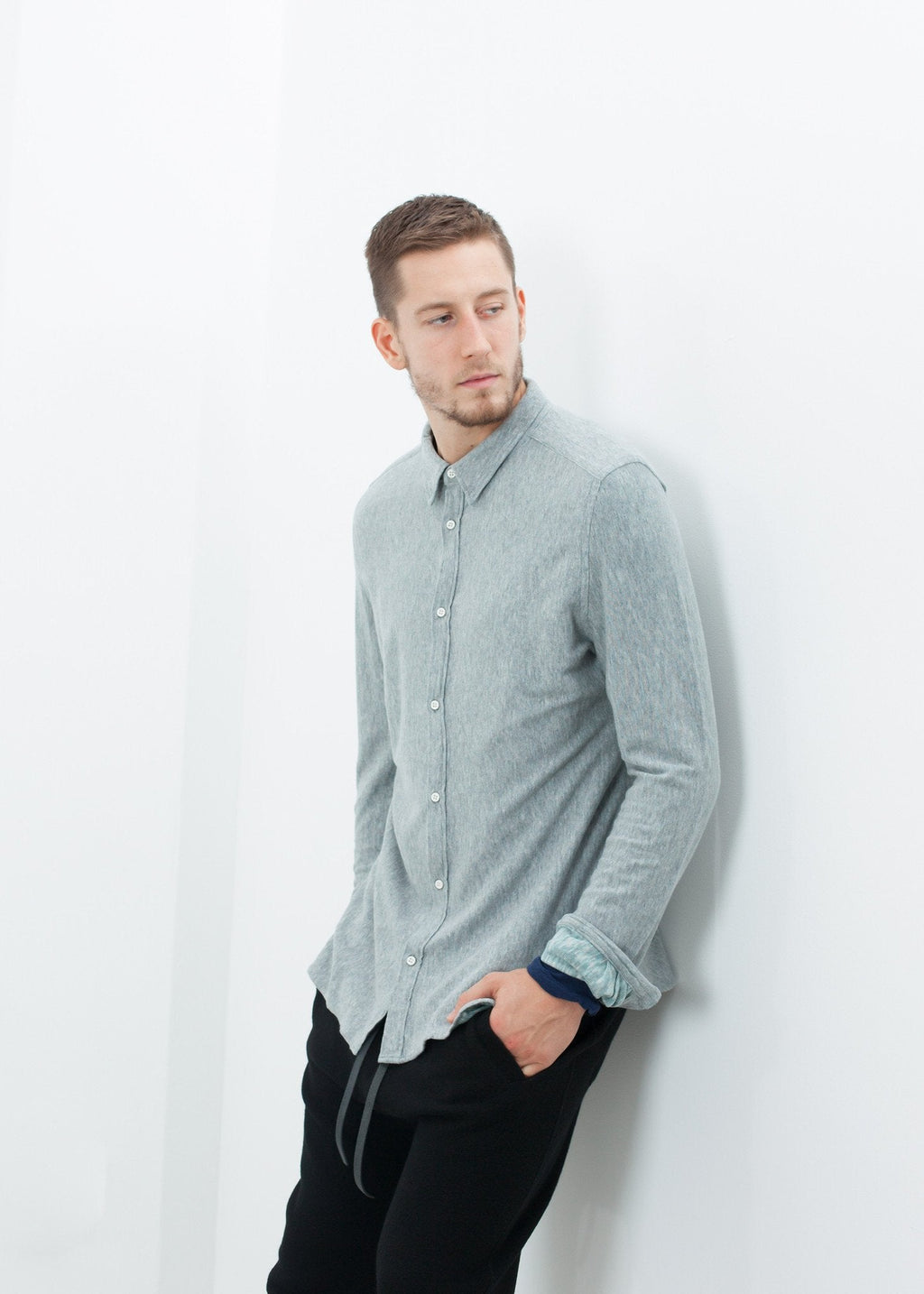 Kasuri Jersey Button-Up in Blue Grey right Kasuri Jersey Button-Up in Blue Grey