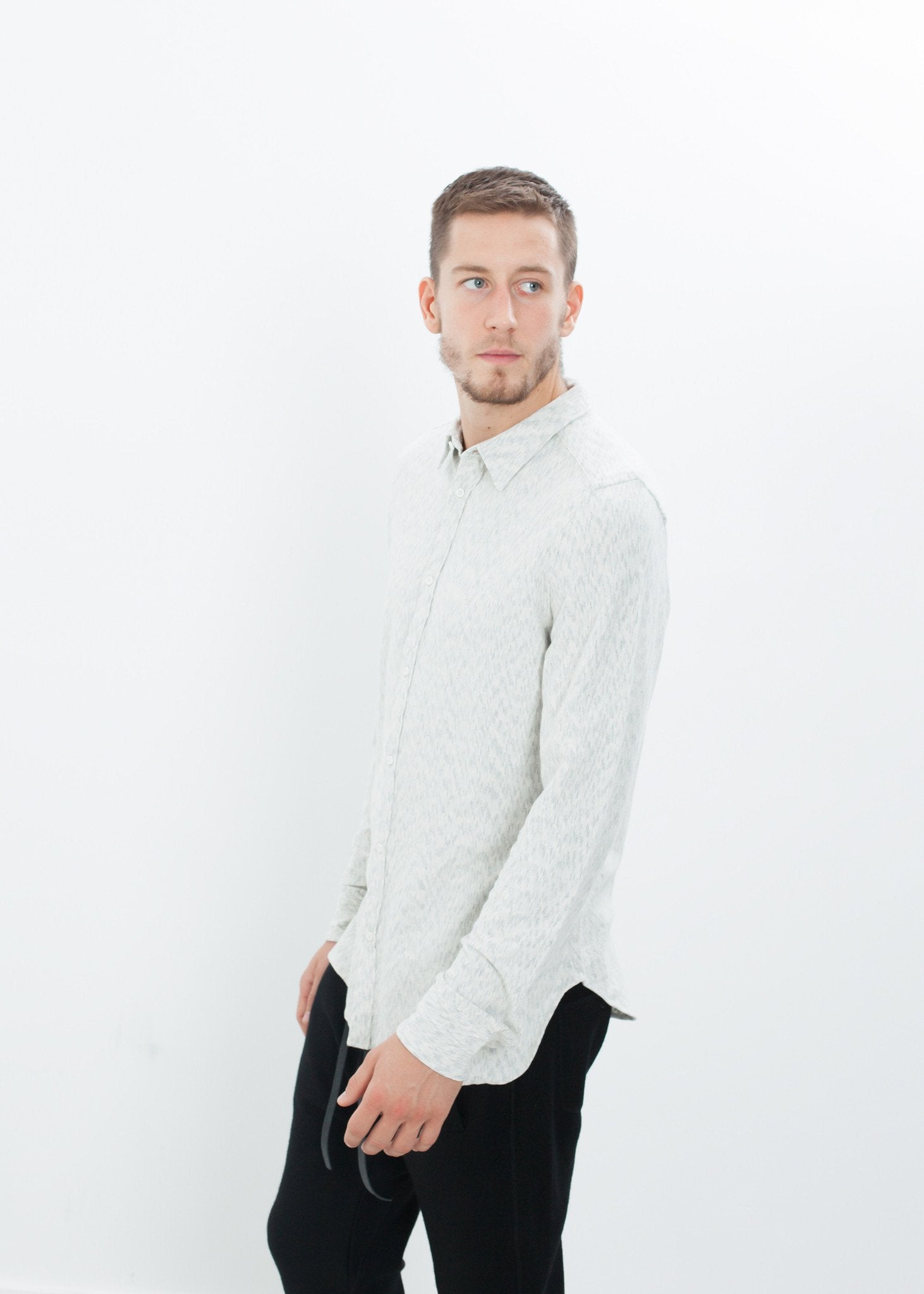 Kasuri Jersey Button-Up in Ivory/Black - raj