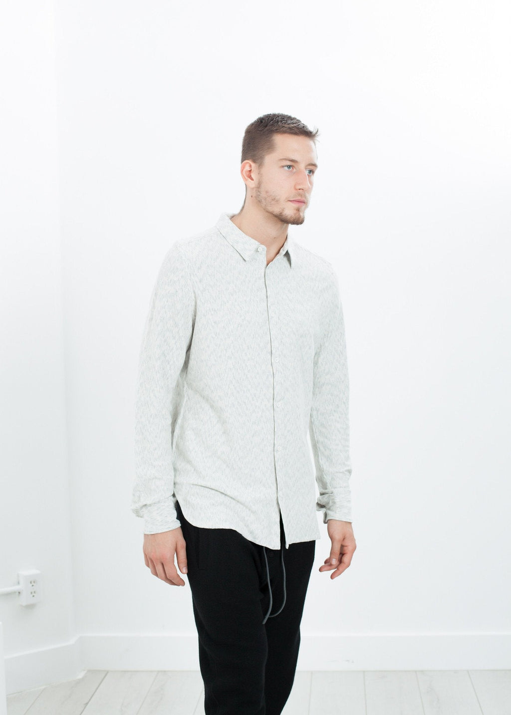 Kasuri Jersey Button-Up in Ivory/Black right Kasuri Jersey Button-Up in Ivory/Black