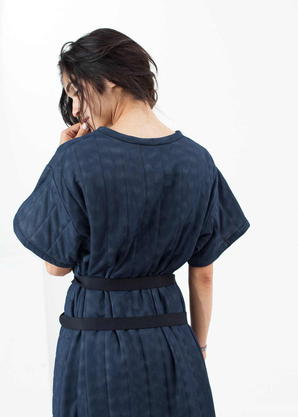 Quilted Mesh T-Shirt Dress in Navy - raj