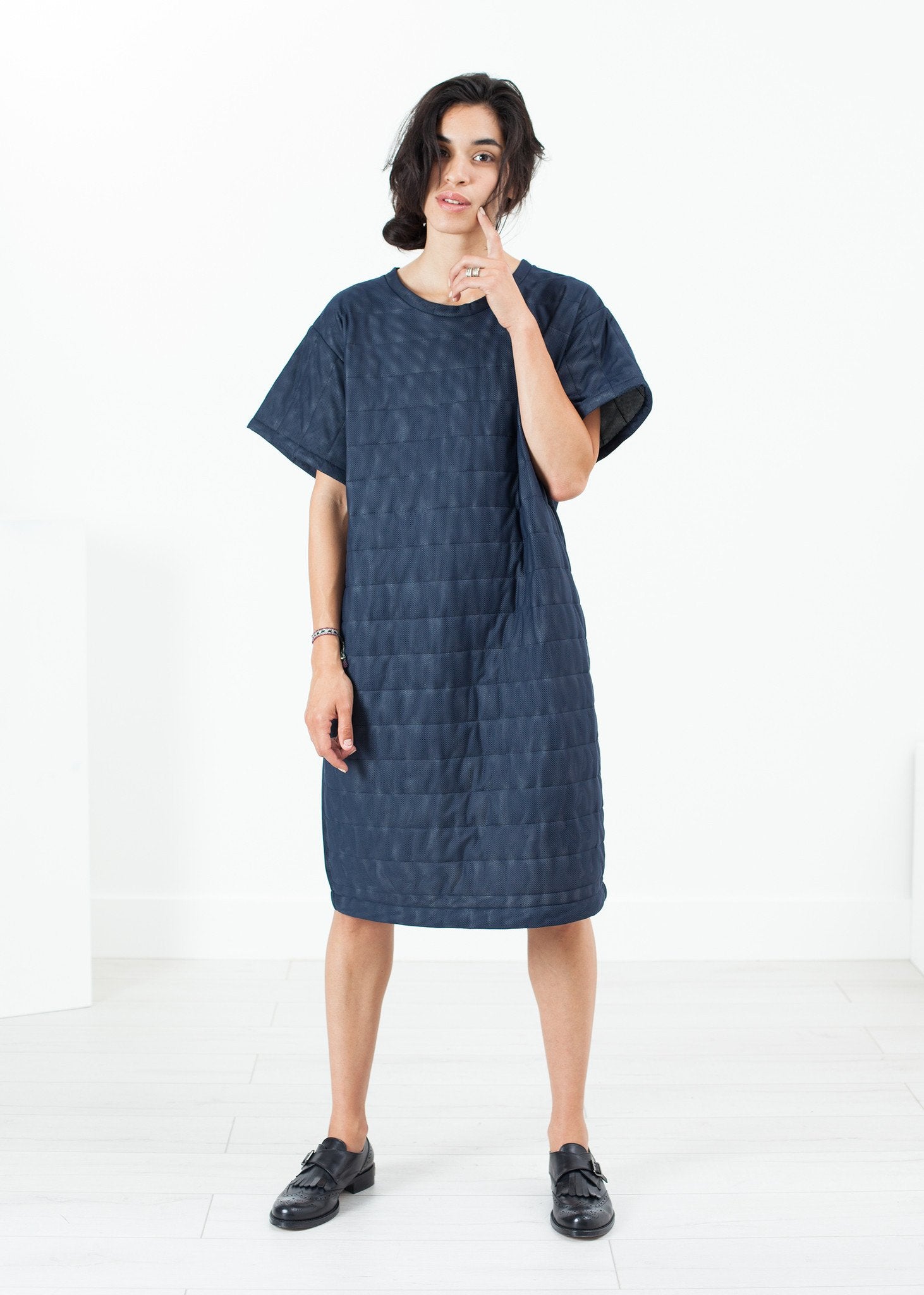 Quilted Mesh T-Shirt Dress in Navy - raj