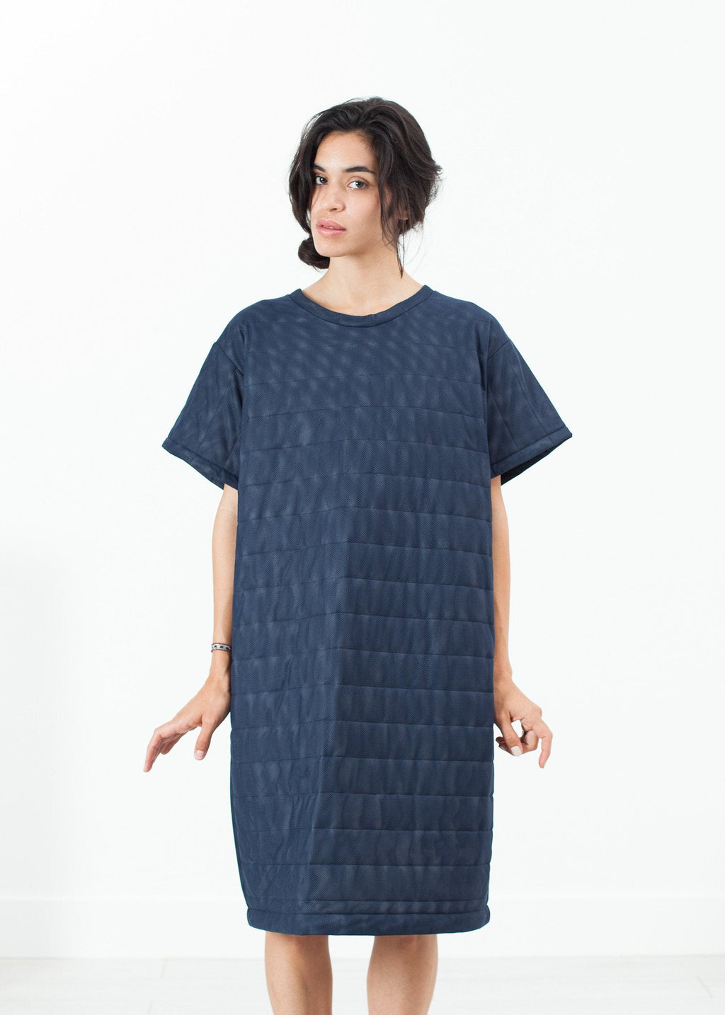 Quilted Mesh T-Shirt Dress in Navy -nadeem