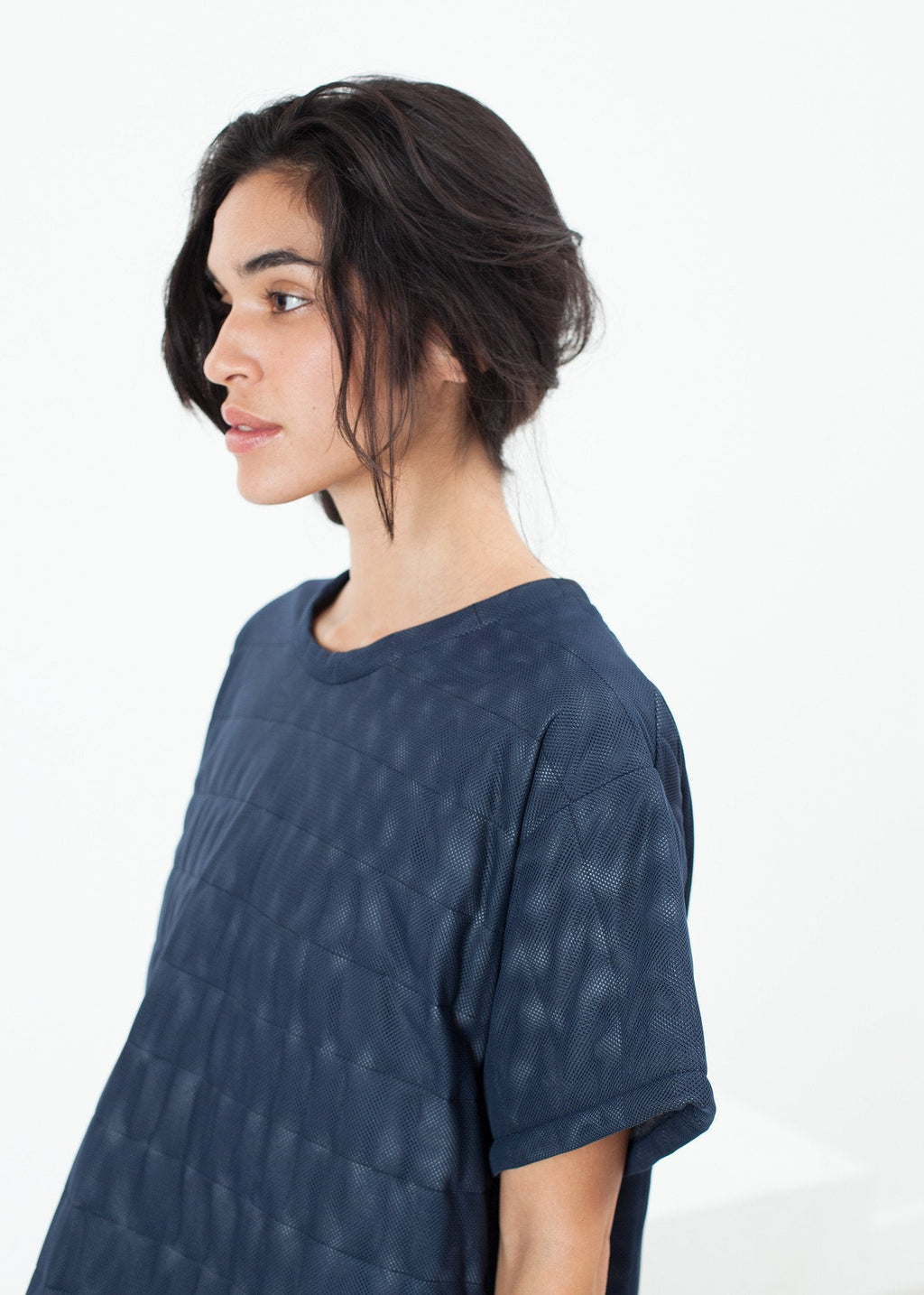 Quilted Mesh T-Shirt Dress in Navy - raj
