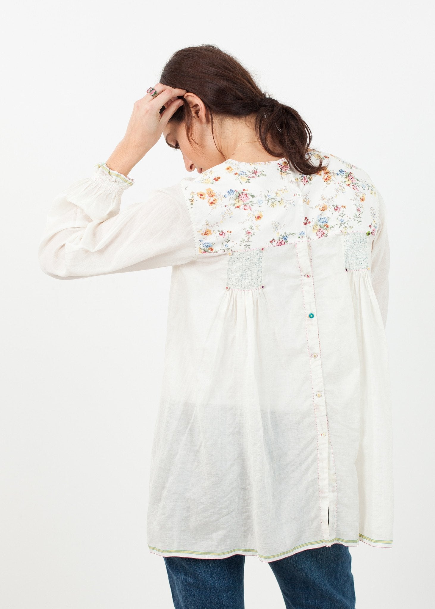 Floral Front Peasant Blouse in White right Floral Front Peasant Blouse in White