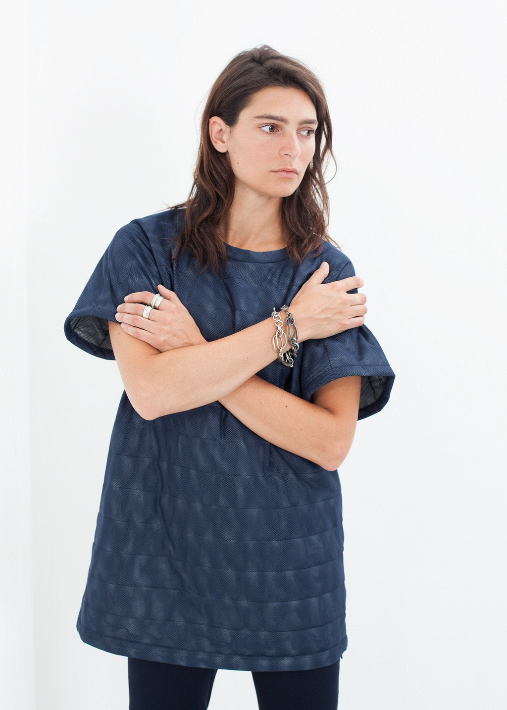 Quilted Mesh Mini Dress in Navy -nadeem