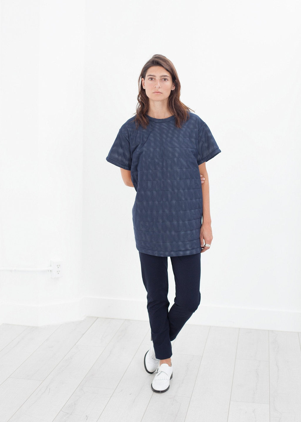Quilted Mesh Mini Dress in Navy - raj