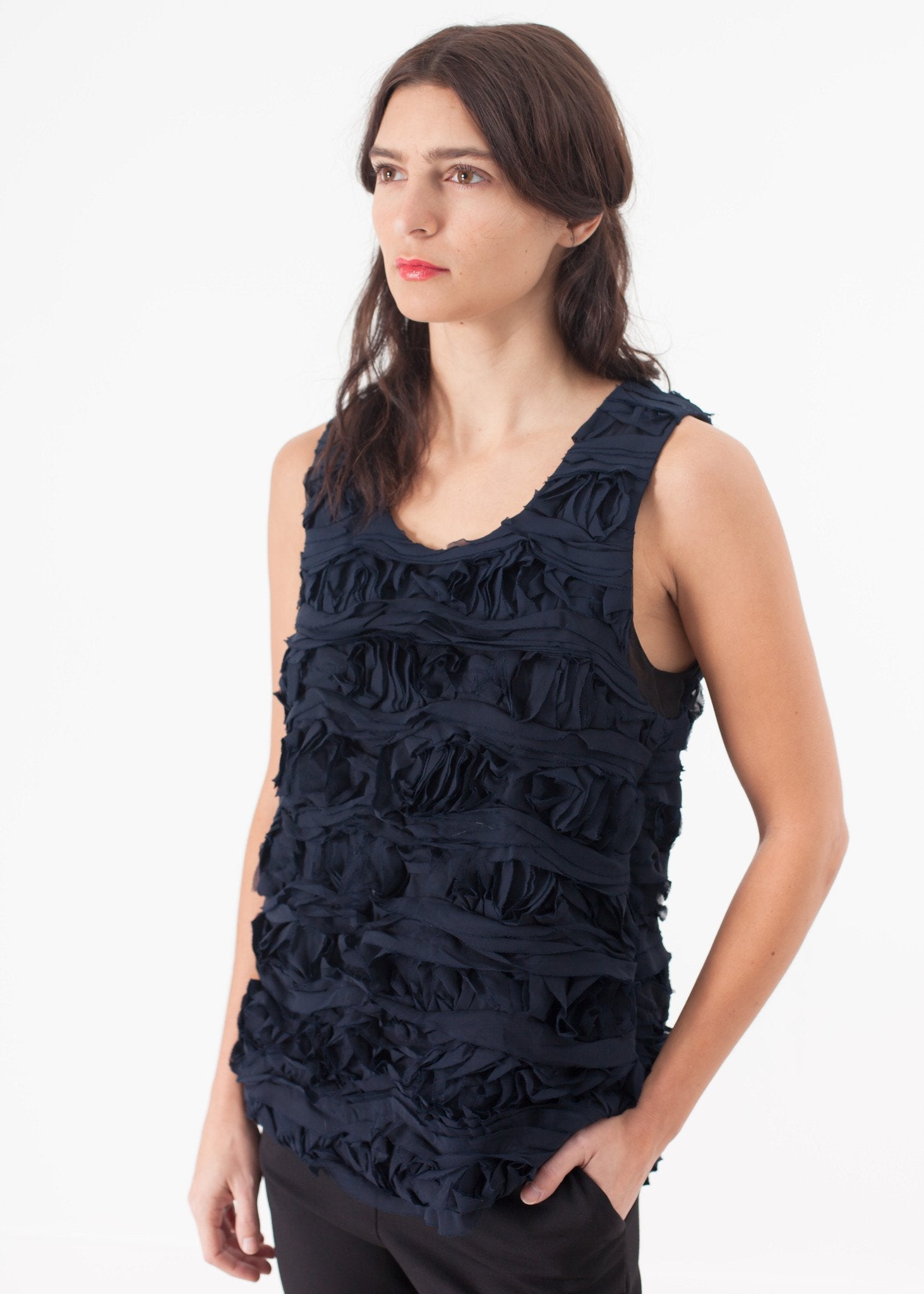 Ruffled Tank Top in Navy -nadeem