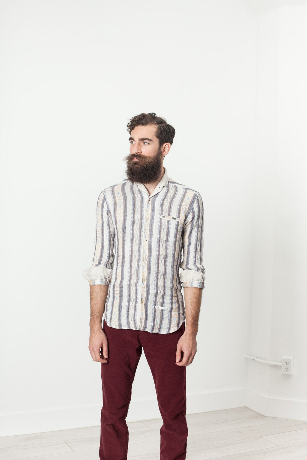 Linen Western Shirt in Beige/Blue - raj