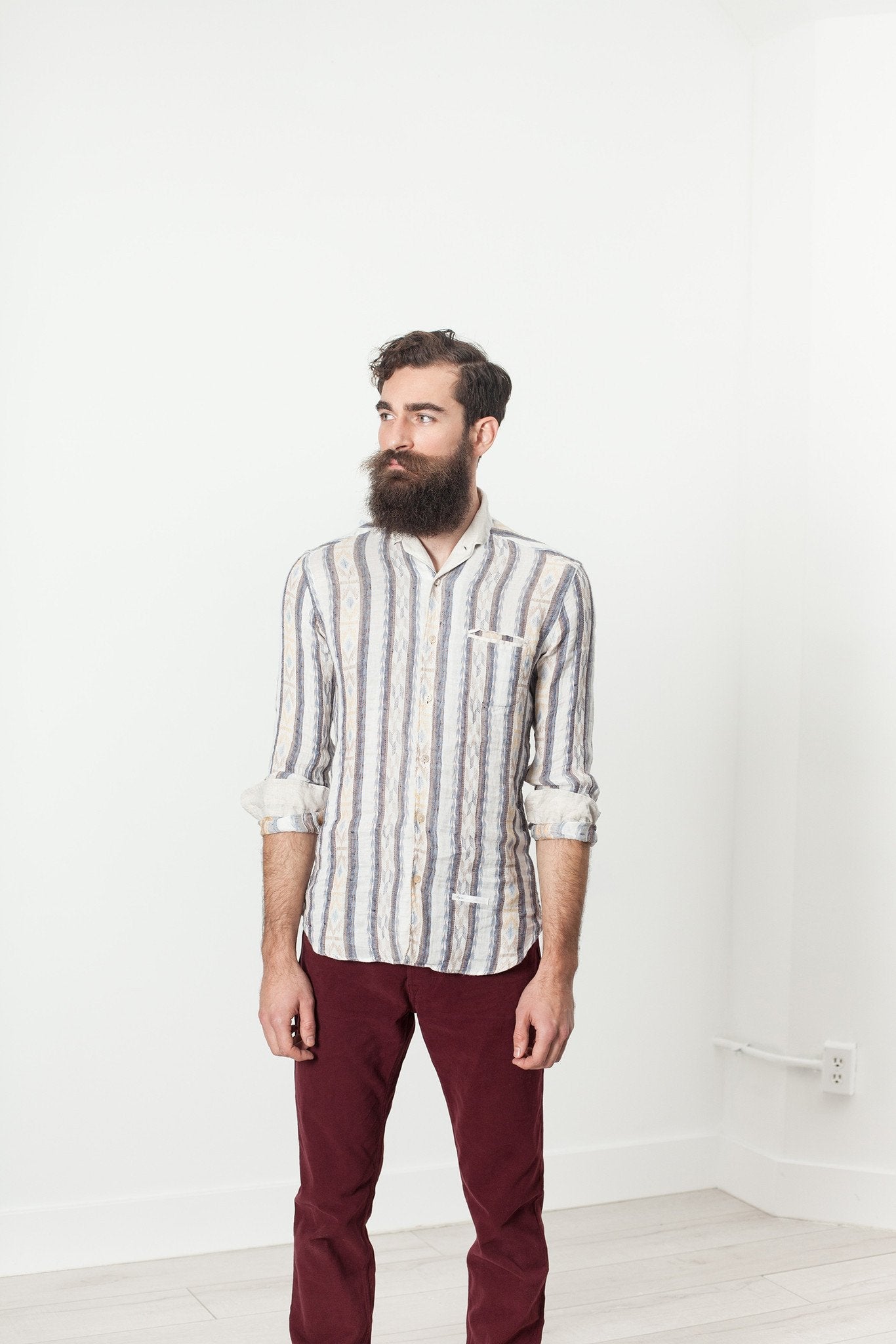 Linen Western Shirt in Beige/Blue - raj
