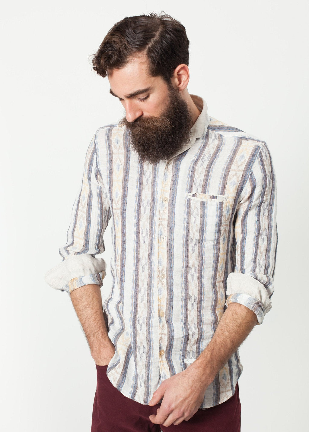 Linen Western Shirt in Beige/Blue right Linen Western Shirt in Beige/Blue